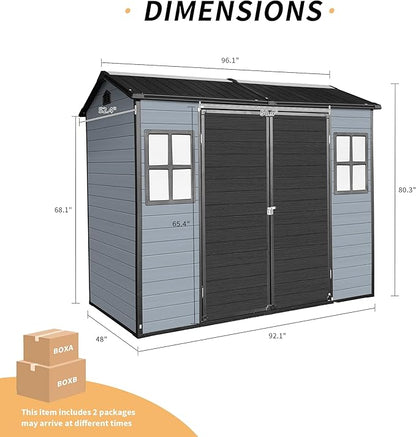 LANTRO JS 8x4FT Plastic Storage Shed with Floor, Storage Shed with Floor Included, 2 Windows and Lockable Door Sheds for Garden Tools, Bike