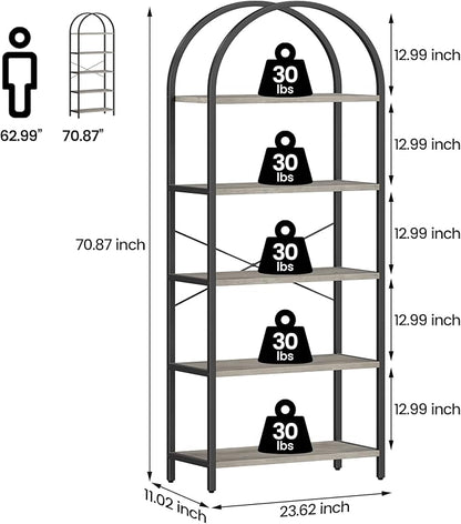 IDEALHOUSE Bookshelf 5 Tier Bookcase Arched Display Racks Tall Standing Bookshelves Metal Frame Farmhouse Storage Rack Shelf Grey Book Shelf for Bedroom, Living Room, Home Office