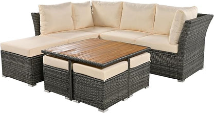 9-Pieces Outdoor Rattan Sectional Sofa Set, Wicker Patio Conversation Furniture with L-shape Couch&Storage Ottomans, Acacia Wood Coffee Table, for Garden Yard, Gray Wicker&Beige Cushion