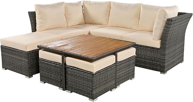 9 Pieces Outdoor Furniture All Weather Patio Sectional Sofa PE Wicker Modular Conversation Sets with Coffee Table and Storage Ottoman, Onesize, Ze-Grey