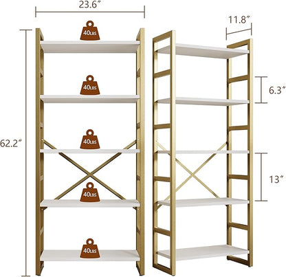 Shintenchi 5 Tiers Bookshelf, Classically Tall Bookcase Shelf,Industrial Book Rack,Modern Book Holder in Bedroom/Living Room/Home/Office, Storage Rack Shelves for Books/Movies,Gold