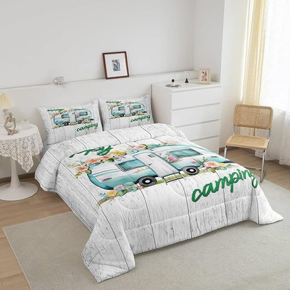 Girls Camper Comforter Set Camping Car Floral Down Comforter Twin Size Rustic Farmhouse Theme Bedding Set Camping Decor Retro Chic Flower Quilted Duvet Old Barn Door Vintage Wooden Style Duvet Set
