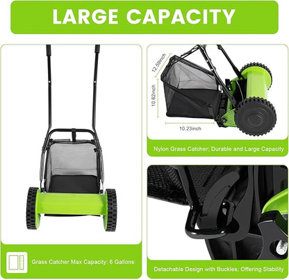 12In Manual Lawn Mower with 6-Gal Grass Catcher 5 Manganese Steel Blades Adjustable Height Rust-Proof Push Reel Lawn Mower for Gardens, Yards, Parks