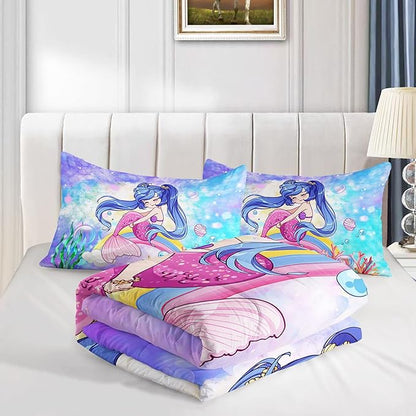 Datura home Kids Mermaid Comforter Set for Girls Women,Cute Mermaid Girl and Rainbow Shell Starfish Printed Pattern Blue Kawaii Bedding Set with 2 Pillowcases(Mermaid Girl Queen)