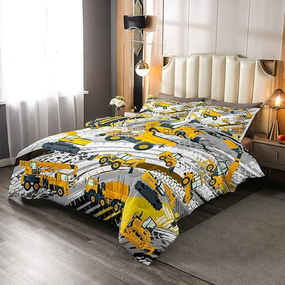 Boys Construction Comforter Set Truck Bedroom Decor for Kids Girls Under Construction Vehicles Down Comforter Toddler Child Cartoon Machinery Truck Excavator Bedding Tractor Cars Duvet Quilt,Queen