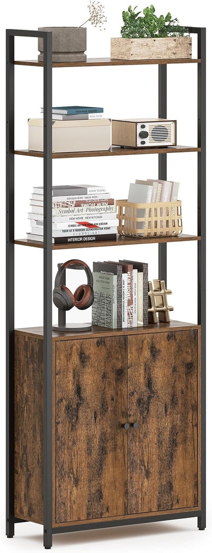 VASAGLE 6-Tier Bookshelf, Tall Bookcase with Door, Steel Frame, Adjustable Shelves, 9.4 x 23.6 x 62.8 Inches, Living Room Bedroom, Rustic Brown and Ink Black ULLS133K01