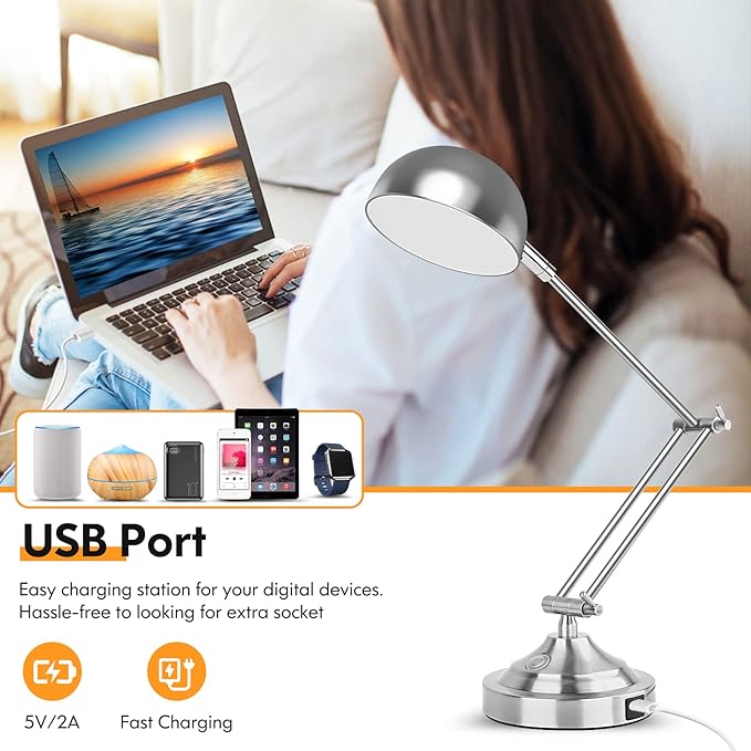 Touch Control LED Desk Lamp with USB Charging Port, Architect Brushed Nickle Lamp with Adjustable Swing Arm, Dimmable Silver Desk Lamp for Home Office Reading Study, 3000K/4000K/5000K 3 Color Modes