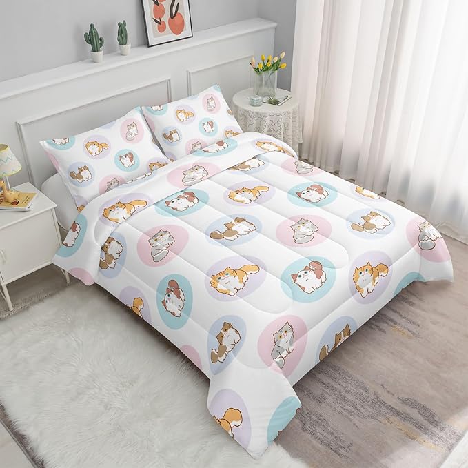 Datura home White Kawaii Cat Comter Bedding Set Girls Kitten White Print Cute Animal Pattern Bedding Set with 1 Comter and 2 Pillowcases Girls Bedroom All Season(Cat White), Queen 90x90inches