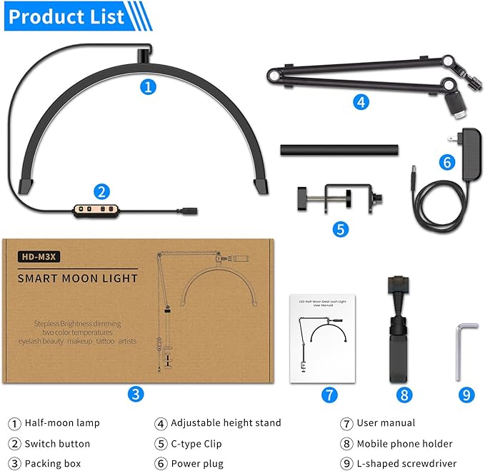 TwoWin Half Moon Light for Lashes, Height Adjustable Lash Light for Eyelash Tech Half Moon, Eyelash Lamp Led for Eyelash Extension, Tattoo Artists, Nail Tech, Filming Content Creation