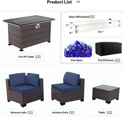 Kullavik 8 Pieces Outdoor Patio Furniture Set with 43" 55000BTU Gas Propane Fire Pit Table PE Wicker Rattan Sectional Sofa Patio Conversation Sets,Dark Blue