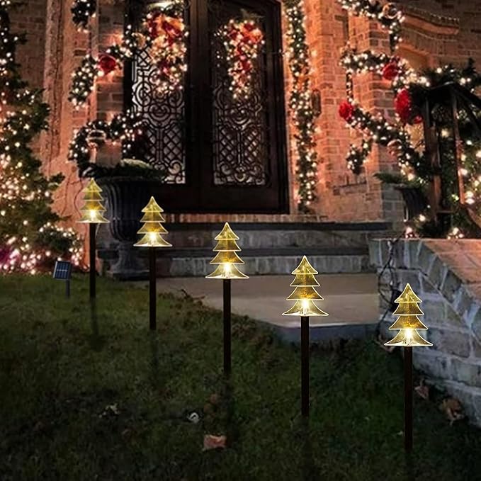 ILLUMINEW Christmas Solar Pathway Lights, Set of 5 Waterproof Landscape Christmas Lights, Stake Christmas Decorations, LED Lights for Yard Lawn Patio Walkway Decor (5PCS-Warm White-Tree)