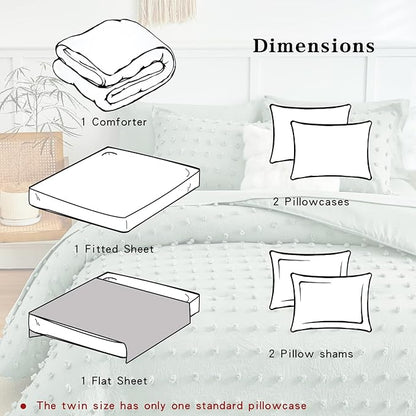 7 Pieces Tufted Dots Bed in a Bag King Comforter Set with Sheets Green , Soft and Embroidery Shabby Chic Boho Comforters, Solid Color with Pom Pom Design, Jacquard Tufts Bedding Set for All Season