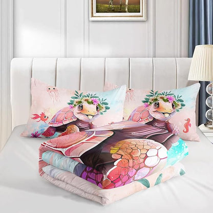 CVHOUSE Kawaii Sea Turtle Comforter Set Queen Size,Ocean Theme Bedding Set for Girls Kids,Tie Die Turtle Quilt Set Ocean Turtle Duvet Set Ocean Decor 3 Pieces