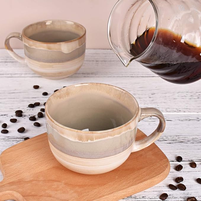 Bosmarlin Large Ceramic Coffee Mug Set of 2, Stoneware Jumbo Latte Mugs for Office and Home, 16 Oz, Dishwasher and Microwave Safe(Brown Grey, 2)