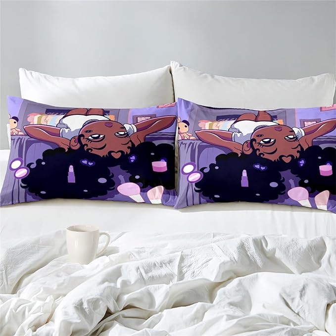 Black Girl Comforter Sets for Girls Full Size Bed, Pretty African American Girl Full Bed Sets Purple Full Bedding Comforter Set Microfiber Soft 3 Piece Quilt Set, 1 Comforter + 2 Pillowcases
