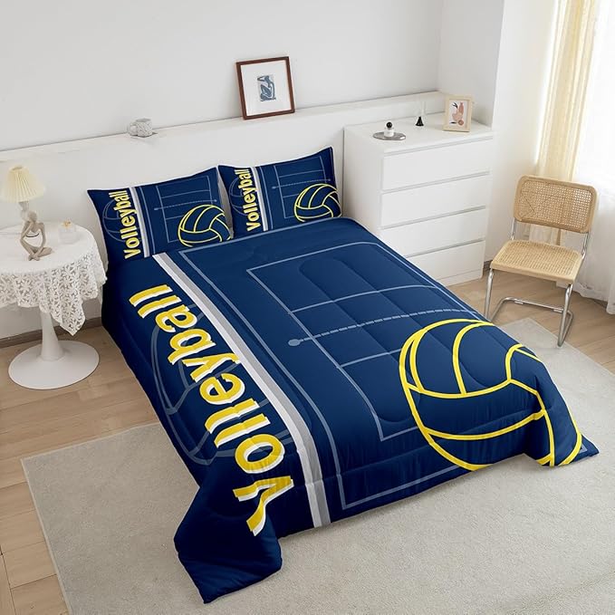 Feelyou Volleyball Bedding Set Twin Size Sports Game Comforter Set for Kids Boys Girls Decor Volleyball Player Comforter Microfiber Blue Yellow Duvet Set Bedroom Quilt Set