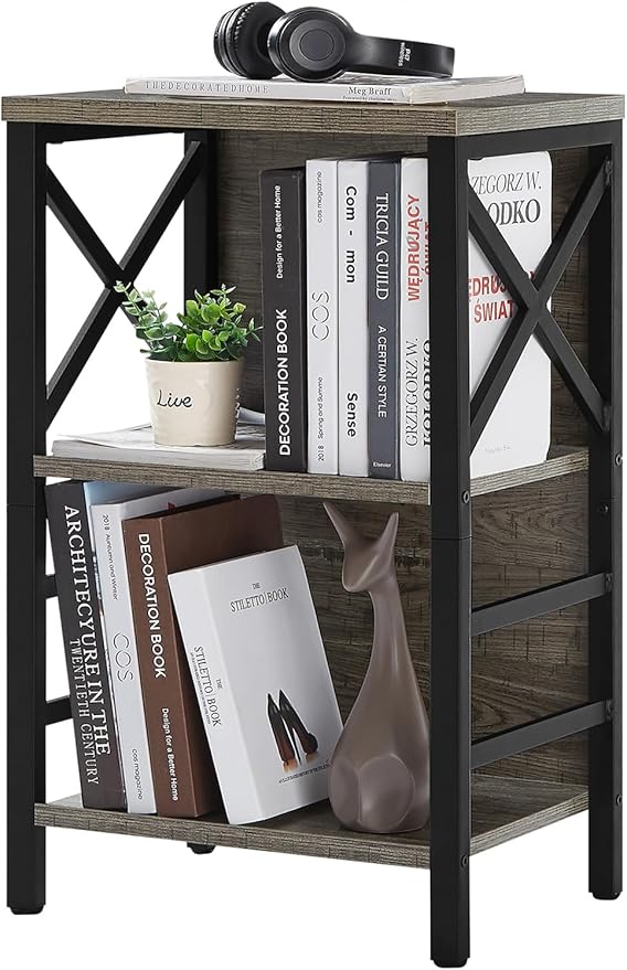 Bookcase, Industrial Small Bookshelf,3-Tier Bookcase Storage Organizer, Small Book Shelf for Small Spaces, Living Room, Bedroom and Home Office, Gray