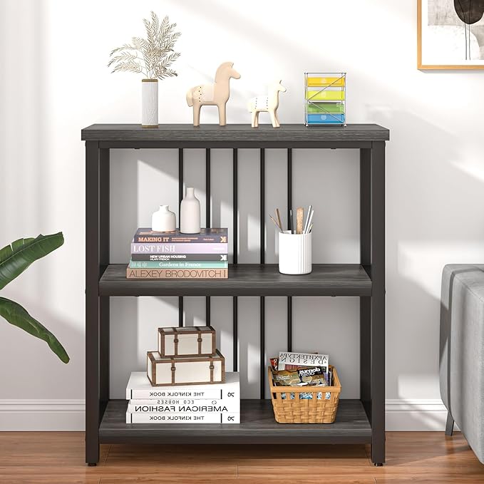 FOLUBAN 3 Tier Book Shelf, Modern Short Bookshelf for Small Space, Industrial Wood and Metal Bookcase for Bedroom, Living Room, Office (Dark Gray Oak)