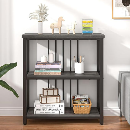 FOLUBAN 3 Tier Book Shelf, Modern Short Bookshelf for Small Space, Industrial Wood and Metal Bookcase for Bedroom, Living Room, Office (Dark Gray Oak)