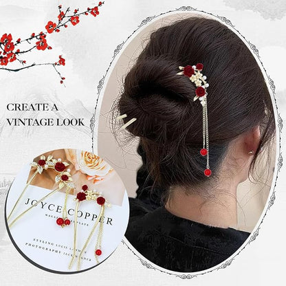 Lawie 10 Pack Cute Flower Butterfly U Shaped Gold Metal Hair Fork Pins Curved Chopsticks for Hair Sticks with Dangles French Hair Pins Bun Holder Decorative Hair Accessories for Women Girls (Red)