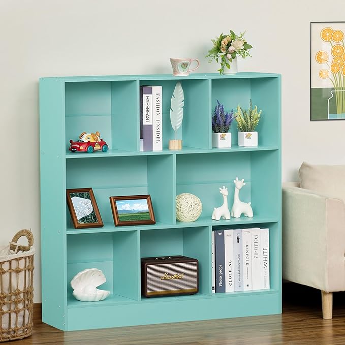 LEYAOYAO 8 Cube Bookshelf with Base,3 Tier Modern Mint-Green Kids Bookcase,Standing Wide Bookshelves Storage Organizer Toy Shelf,Wood Display Children's Book Shelves for Bedroom,Living Room,Nursery