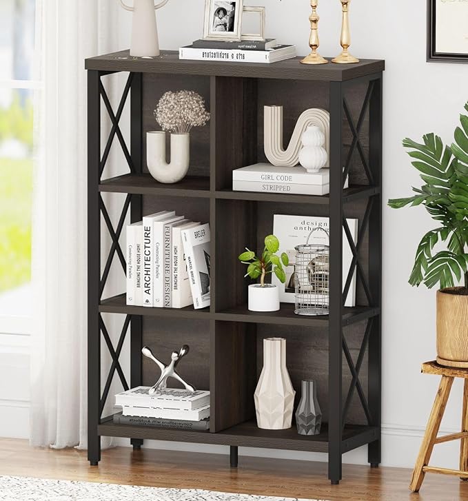FATORRI 6 Cube Storage Organizer Shelf, Rustic Wood and Metal Cubby Bookcase, Industrial 4 Tier Cube Bookshelf (Walnut Brown)