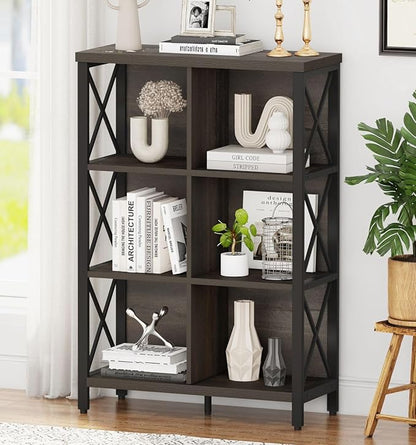 FATORRI 6 Cube Storage Organizer Shelf, Rustic Wood and Metal Cubby Bookcase, Industrial 4 Tier Cube Bookshelf (Walnut Brown)