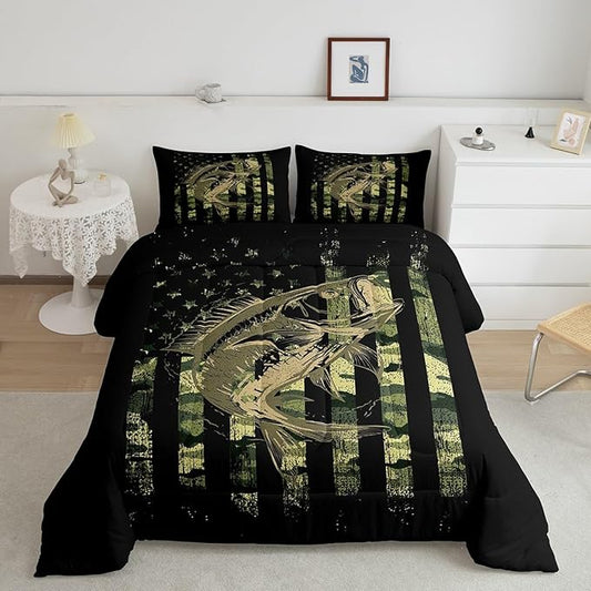 Green Black Camouflage Comforter Set Fish Camo American Flag Bedding Set for Women Men Room Farmhouse Fishing Decor Comforter Wild Quilted Set 3Pcs Queen Size
