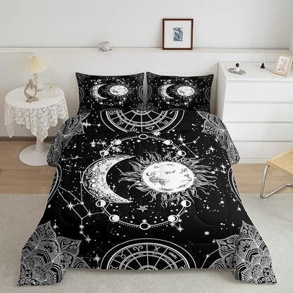 Sun and Moon Bedding Set Constellation Galaxy Comforter for Kids Boys Girls Teens Psychedelic Boho Mandala Comforter Breathable Celestial Duvet Set Black White Room Decor Quilt Cover Full Size