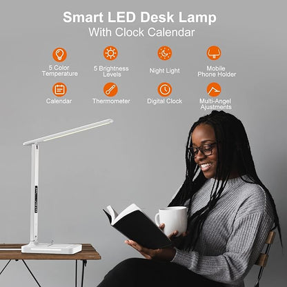 poukaran Desk Lamp, LED Desk Lamp with Wireless Charger, USB Charging Port, Table Lamp with Night Light, Desk Lights with Clock, Alarm, Date and Temperature, White