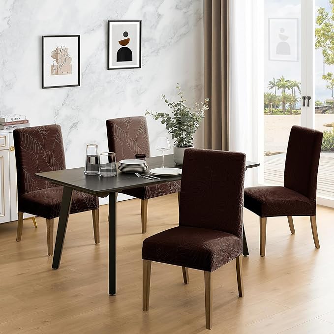 MOSAYT 100% Waterproof Dining Room Chair Covers Set of 4, Super Fit Stretch Jacquard Parson Chairs Slipcovers Removable Washable Chair Seat Protectors for Home, Kitchen, Banquet (Chocolate)
