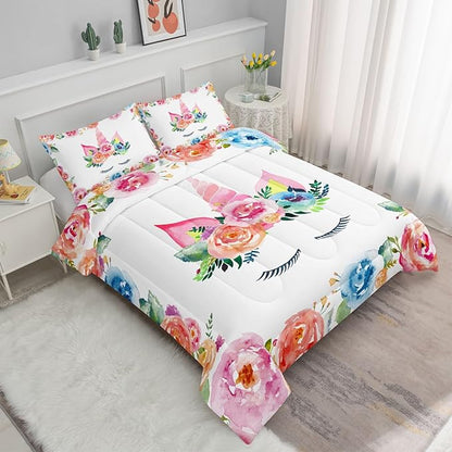 Datura home Unicorn Floral Watercolor Flower Comforter Bedding Set for Girls Teens Adults,Colorful Lovely Roses Blooms Print Design Unicorn Bedding Set(Unicorn Full)