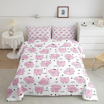 Erosebridal Pink Pig Comforter Set for Girls Kawaii Room Decor King,Cute Pigs Bedding Set for Kids Boys Children Farm Animal Quilted Duvet Sets Cartoom Style Soft Lightweight Down Comforter 3 Pcs