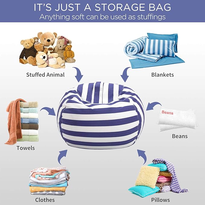 Aubliss Stuffed Animal Bean Bag Storage Chair (Royal Blue/White Striped, Large (38''))