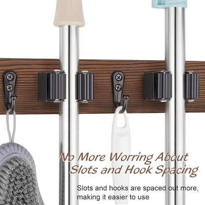 OUTNILI Mop Broom Holder Wall Mount with 3 Slots & 4 Hooks - Wood Broom Mop Hanger for Pantry Kitchen Organization - Garden Tool Organizer for Closet Laundry Room - for Rustic Farmhouse Kitchen Decor