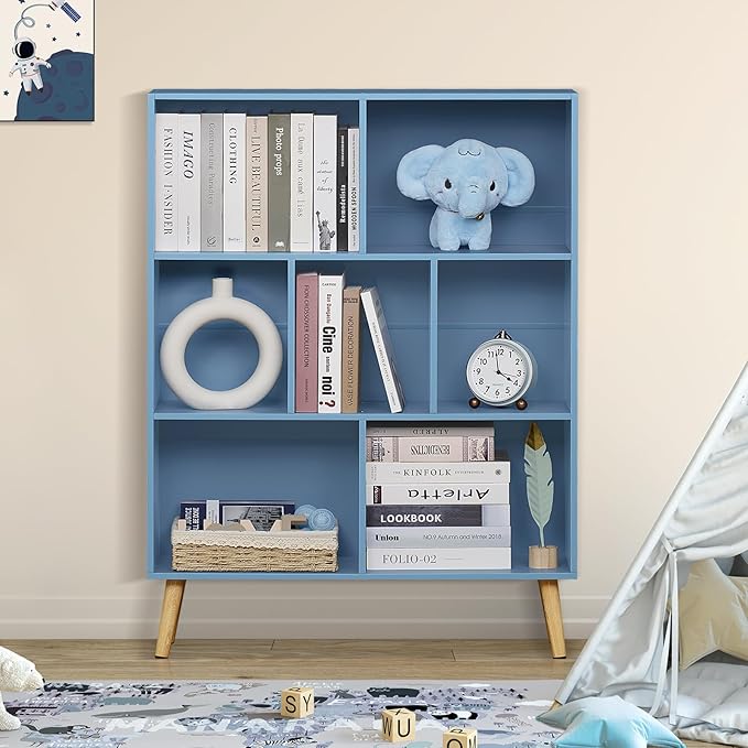 YAHARBO 5 Cube Bookshelf, Blue Kids Book Shelf with Cubby Storage,Wooden Modern Bookcase with Legs,3 Tier Freestanding Display Book Case,Children Toy Organizer,Bookshelves for Office,Nursery,Playroom