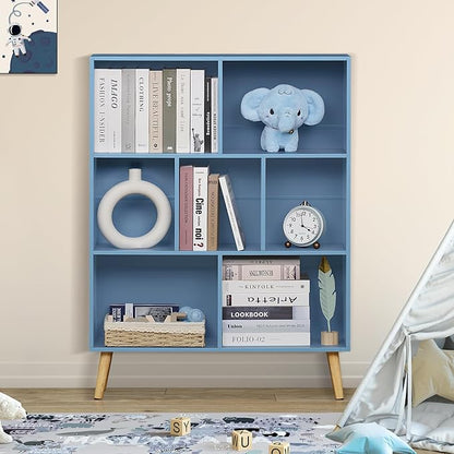 YAHARBO 5 Cube Bookshelf, Blue Kids Book Shelf with Cubby Storage,Wooden Modern Bookcase with Legs,3 Tier Freestanding Display Book Case,Children Toy Organizer,Bookshelves for Office,Nursery,Playroom