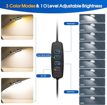 64 LED USB 10X Magnifying Desk Lamp with Clamp, Desk Hands-free Lighted Magnifier with 3 Color Modes, 10 Level Dimmable and Flexible Gooseneck for Reading Craft Sewing Repair Close Work Beauty
