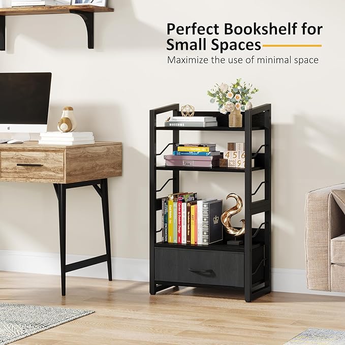 Small Bookshelf with Drawer: 4-Tier Wood Book Shelf Industrial Narrow Bookcase Storage Organizer Metal Stackable Shelves for Desktop Bedroom Living Room Home Office (Black)
