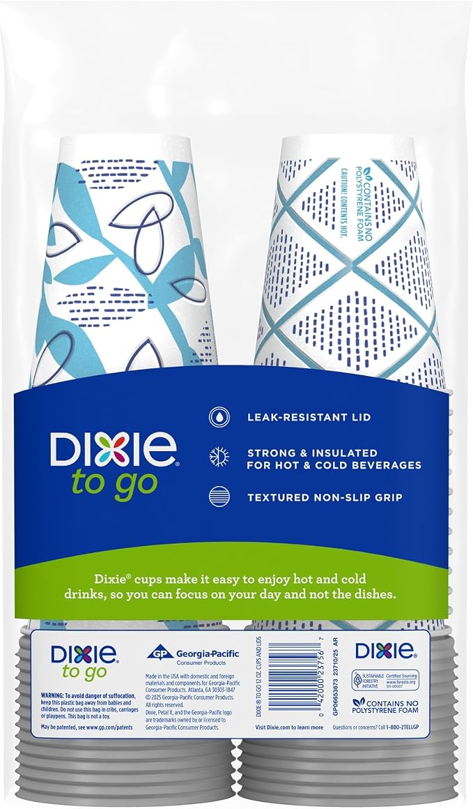 Dixie To Go Paper Coffee Cups With Lids, 12 oz, 156 Count (6 packs of 26 cups), Disposable Insulated Paper Cups for On-The-Go Hot or Cold Beverages