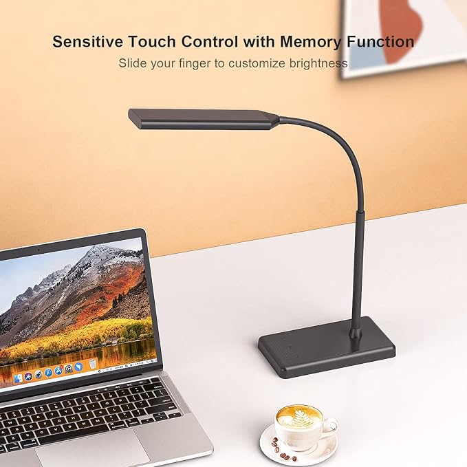 KEXIN LED Desk Touch Lamp with Wireless Charging & USB Charging Table Lamp 5 Color Modes 6 Brightness Levels Eye-Caring Gooseneck Desk Lamp for Home Office with Memory Function 1h Timer Bedside Lamp