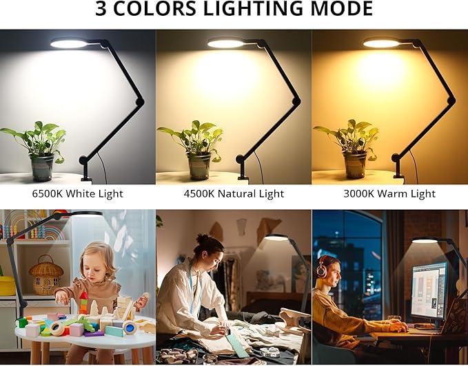 Desk Lamp with Clamp, Long Clip on Lights for Home Office, 3 Modes x 10 Brightness, Swing Arm Desk Clamp Task Table Lamps with Adapter, Black