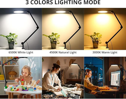 Desk Lamp with Clamp, Long Clip on Lights for Home Office, 3 Modes x 10 Brightness, Swing Arm Desk Clamp Task Table Lamps with Adapter, Black