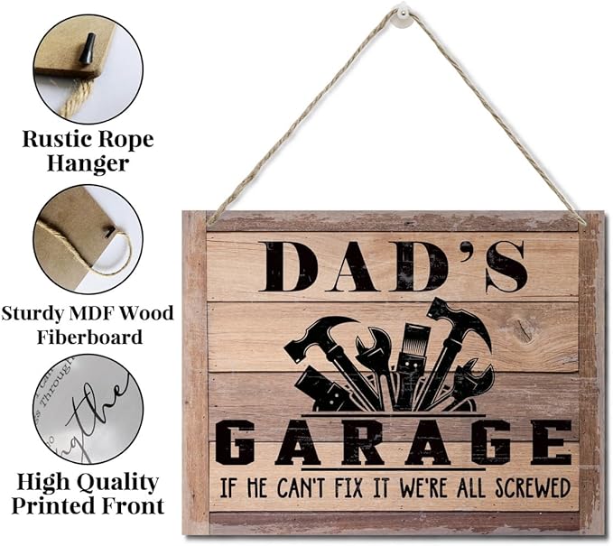 Rustic Sign, Father's Day Gift, Dad's Gift, Grandpa's Gift, Decor Hanging Wood Signs, Printed Wood Wall Art Sign, Dad's Garage, If He Can't Fix It We're All Screwed, Vintage Sign Gift for Grandpa