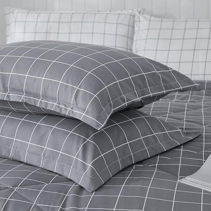 Andency Grey Grid Comforter Set Queen Size (90x90 inch), 3 Pieces (1 Grey Comforter and 2 Pillowcases), Summer Lightweight Microfiber Down Alternative Bedding Comforter Sets with White Lines