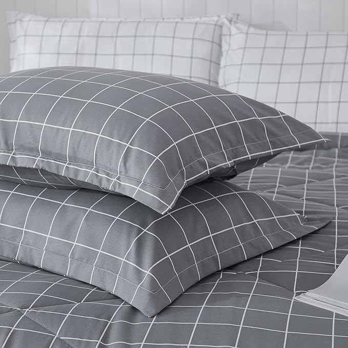 Andency Grey Grid Comforter Twin Size(66x90 inch), 2 Pieces (1 Comforter and 1 Pillowcase), Summer Lightweight Microfiber Down Alternative Bedding Comforter Sets with White Lines for Kids Boys Girls