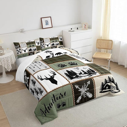 Rustic Farmhouse Kids Comforter Set Queen Size,Deer Antlers Bear Paws Plaids Patchwork Bedding Set for Boys Girls Adults Room Decor,Pine Trees Arrows Down Comforter,Retro Duvet Insert,2 Pillowcases