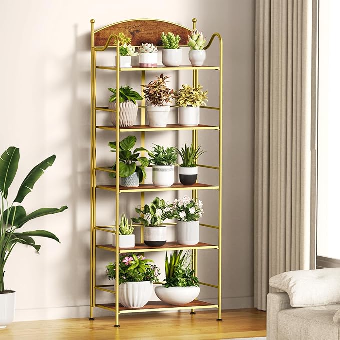 Folding Bookshelf No Assembly, 5 Shelf Gold Folding Bookcase, Industrial Tall Metal Collapsible Corner Book Shelf with Storage Shelves for Bedroom, Living Room, Home Office Organization