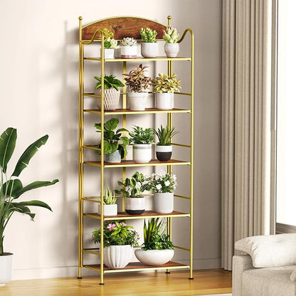 Folding Bookshelf No Assembly, 5 Shelf Gold Folding Bookcase, Industrial Tall Metal Collapsible Corner Book Shelf with Storage Shelves for Bedroom, Living Room, Home Office Organization