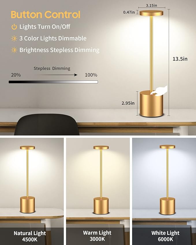 Rechargeable Cordless LED Table Lamp, Portable USB Metal Desk Lamp 6000mAh Battery Operated 3 Level Dimmable Reading Lights for Bedside Nightstand Restaurant Parlor Dining 2Pack Gold